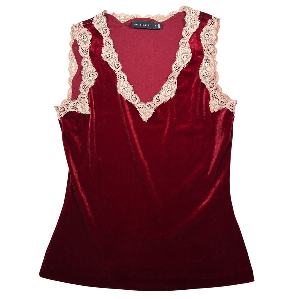 Limited Vintage Y2K Red Velvet Lace Trim V-Neck Tank Top Small Romantic Coquette